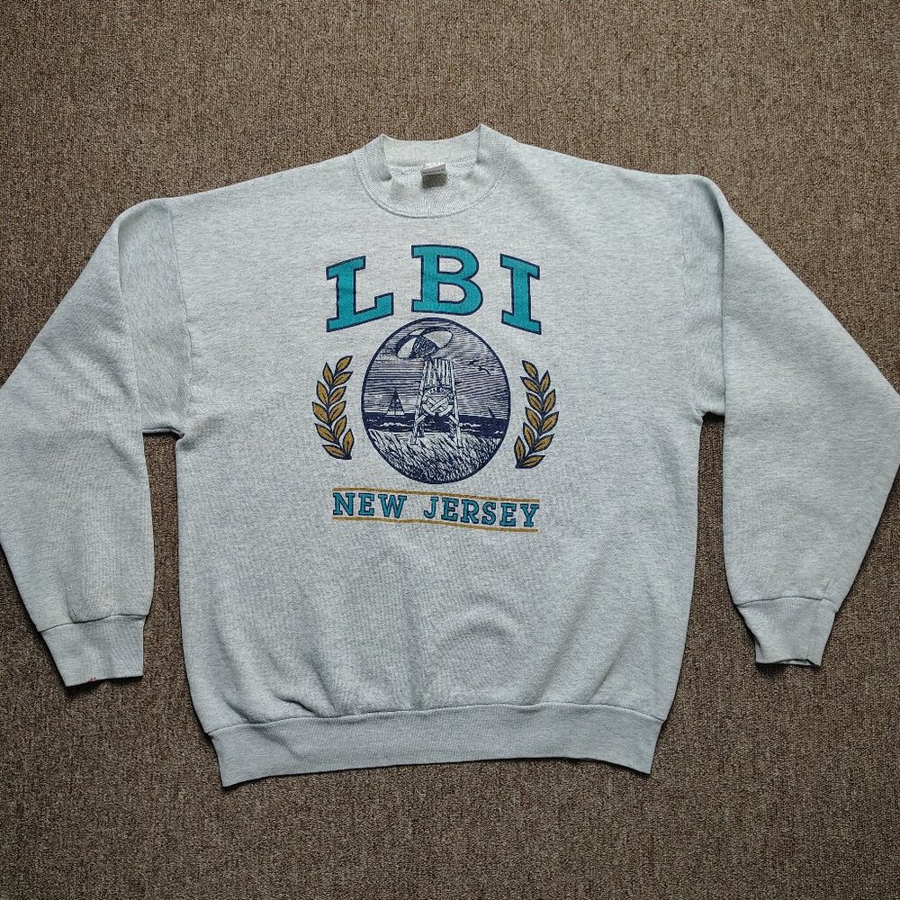 Vintage LONG BEACH ISLAND Sweatshirt Men XL Gray Graphic Crew Neck Fleece NY